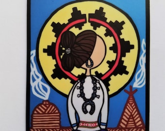 May include: A colorful sticker featuring a stylized illustration of a Native American woman wearing traditional clothing and jewelry. The background is a blue sky with a yellow sun and a red and black geometric design. The text "HELLO NAVAJO" is at the bottom of the sticker.