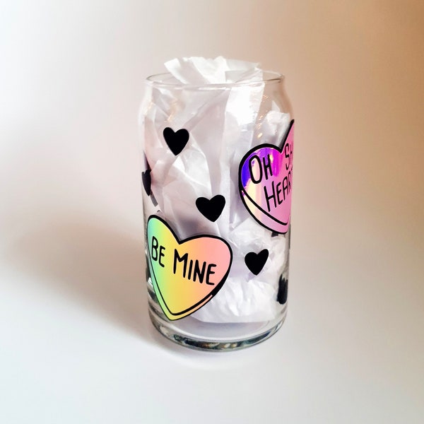 Navajo Valentine's glass cup - 16 oz - holographic heart decals