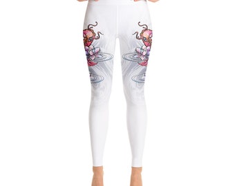 Multi Small Design White Yoga Pants High Waisted Beautiful Koi and Lotus Flower Design Japanese Koi Fish /& Lotus Flower Yoga Leggings