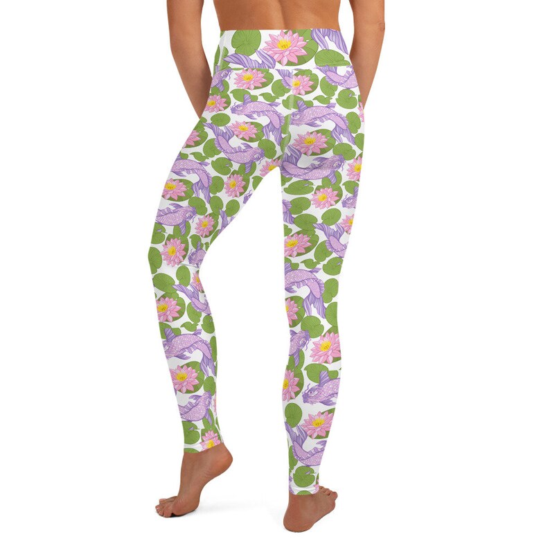 Multi Small Design White Yoga Pants High Waisted Beautiful Koi and Lotus Flower Design Japanese Koi Fish /& Lotus Flower Yoga Leggings