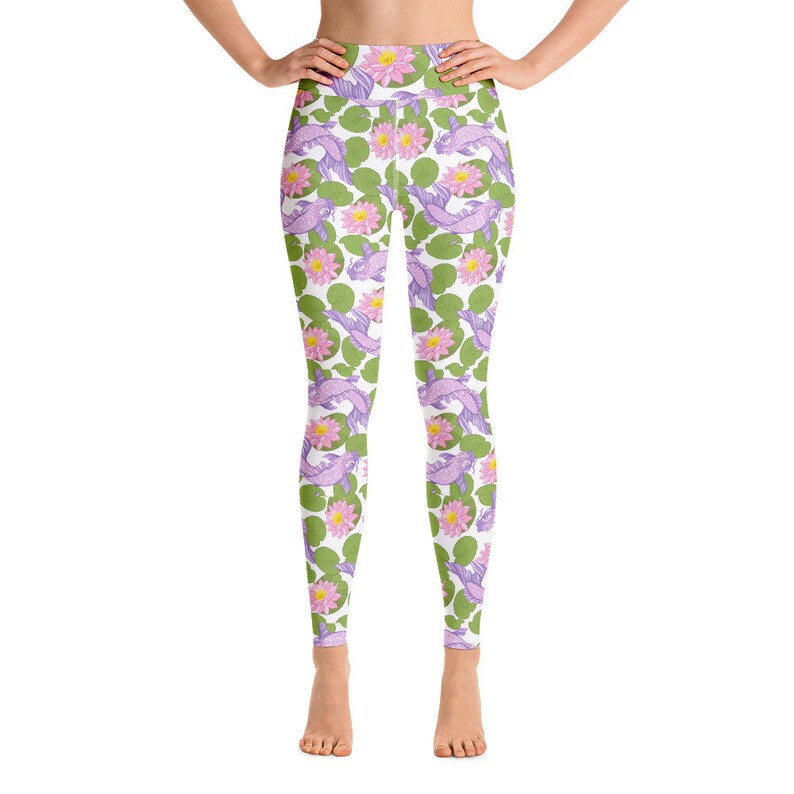 Multi Small Design White Yoga Pants High Waisted Beautiful Koi and Lotus Flower Design Japanese Koi Fish /& Lotus Flower Yoga Leggings
