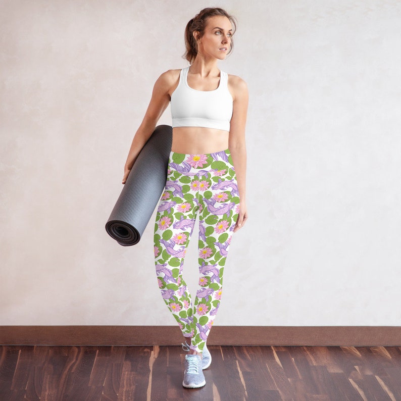 Multi Small Design White Yoga Pants High Waisted Beautiful Koi and Lotus Flower Design Japanese Koi Fish /& Lotus Flower Yoga Leggings