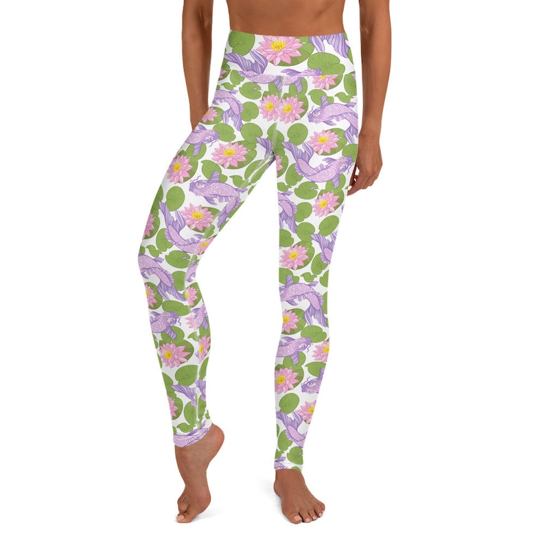 Multi Small Design White Yoga Pants High Waisted Beautiful Koi and Lotus Flower Design Japanese Koi Fish /& Lotus Flower Yoga Leggings