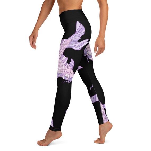 Multi Small Design White Yoga Pants High Waisted Beautiful Koi and Lotus Flower Design Japanese Koi Fish /& Lotus Flower Yoga Leggings