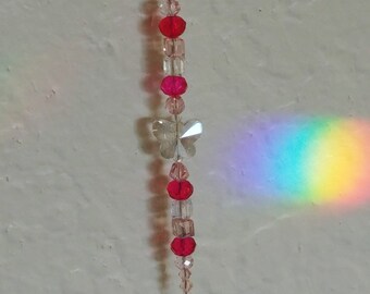 Pink Butterfly Window Light Catcher. Pink Glass Bead Rainbow Prism Light Catcher. Laser Cut Crystal Ball Prism Light Catcher