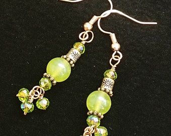 Handmade Peridot, Glass, Brass Dangle Earrings. Olive  Green Peridot Earrings