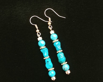 Genuine Turquoise Earrings. Handmade Stacked Turquoise Dangle Earrings with brass connections.