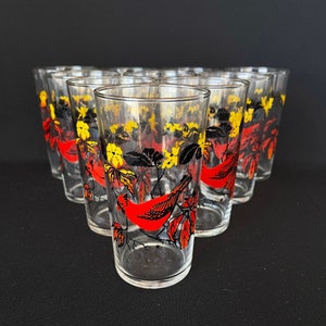 Set of 10 Vintage Cardinal Print 9oz Red Black & Yellow Highball Cocktail Glasses - Vintage Barware - Retro Barware