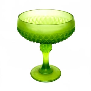 Vintage Diamond Point Frosted (Satin) Green Glass Stemmed Bowl Compote Pedestal Dish by Indiana Glass