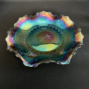 Vintage Indiana Glass Company Blue Iridescent Carnival Glass Diamond Point Ruffled Rim Plate ~ Made in USA c1970s