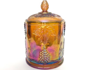 Vintage Amber Carnival Glass Harvest Pattern Biscuit Barrel - WITH ORIGINAL BOX - Cracker Canister  - Cookie Jar - Vintage Kitchen