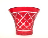 Vintage Ruby Red Glass Cut to Clear Diamond Pattern Flared Rim Bowl