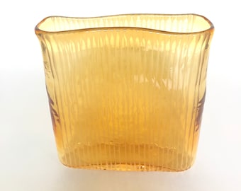 Rectangluar Vintage Golden Amber Glass Etched Vase