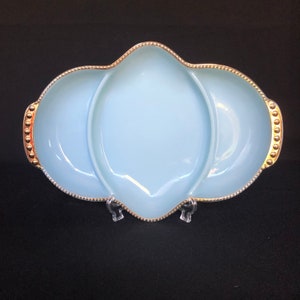 RARE - Vintage Delphite Blue Glass Oval Divided Plate Platter with Gold Beaded Rim - Azurite - Retro Kitchen - Vintage Kitchen