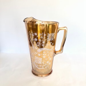 Vintage Carnival Glass Pitcher by Jeannette Glass - Large Gold Carnival Glass Iced Tea Pitcher - Lemonade Pitcher - Iridescent Peach Lustre