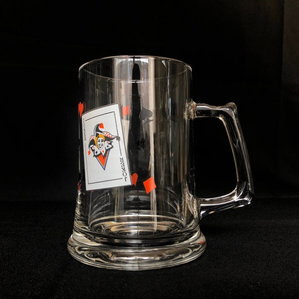 Jumbo Vintage Clear Glass ‘Joker’ 40oz Beer Stein  - Playing Cards