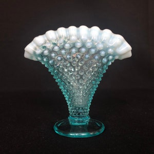 Sweet Little Vintage Fenton Blue Glass Hobnail Fan Vase with With Milky Pleated Rim - 4&quot;