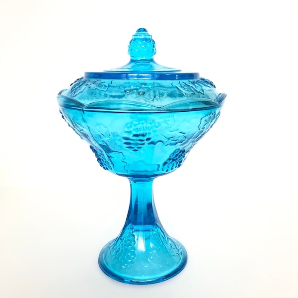 Indiana Glas Capri Blau Glas bedeckt Colony Harvest Trauben Kompott Sockel Candy Dish Mantel Deko Vintage Hochzeitsdeko