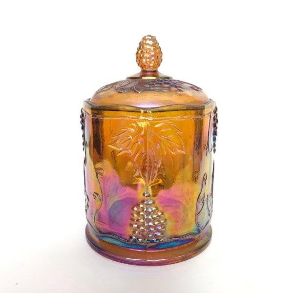 Vintage Amber Carnival Glass Harvest Pattern Biscuit Barrel - MET ORIGINELE DOOS - Cracker Canister - Cookie Jar - Vintage Keuken