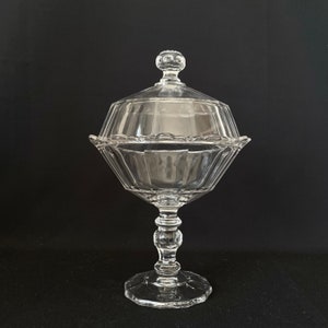 ANTIQUE Paneled Compote Pedestal Dish With Bracket Scalloped Rim & Thumprint Finial Handled Dome Lid - EAPG Footed Glass Bowl