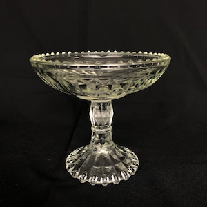 Attractive  Vintage Pressed Glass Pedestal Dish Compote With Diamond Point Patterned Bowl and Rivet-look Rim