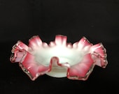 Vintage Silvercrest Pink White Glass Ruffled Rim Bowl Dish
