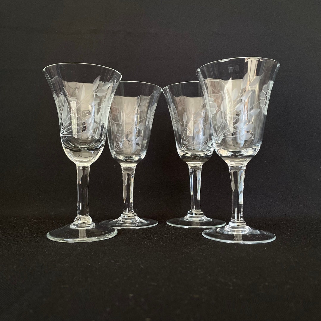 4 Vintage Hughes Cornflower Etched Glass 6oz Wine Cocktail Glasses Etsy