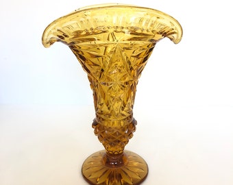 Vintage Amber Glass Fan Vase - Small Bouquet Vase - Art Deco