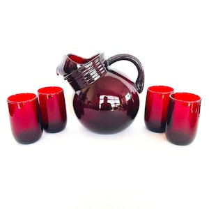 Conjunto de jarra de vidro vermelho rubi vintage, conjunto de 5 peças para bebidas