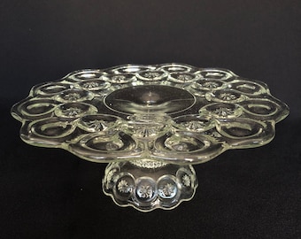 Vintage 9" Clear Moon & Stars Pressed Glass Scalloped Rim Cake Stand - Retro Kitchen  - Vintage Kitchen - Farmhouse Kitchen