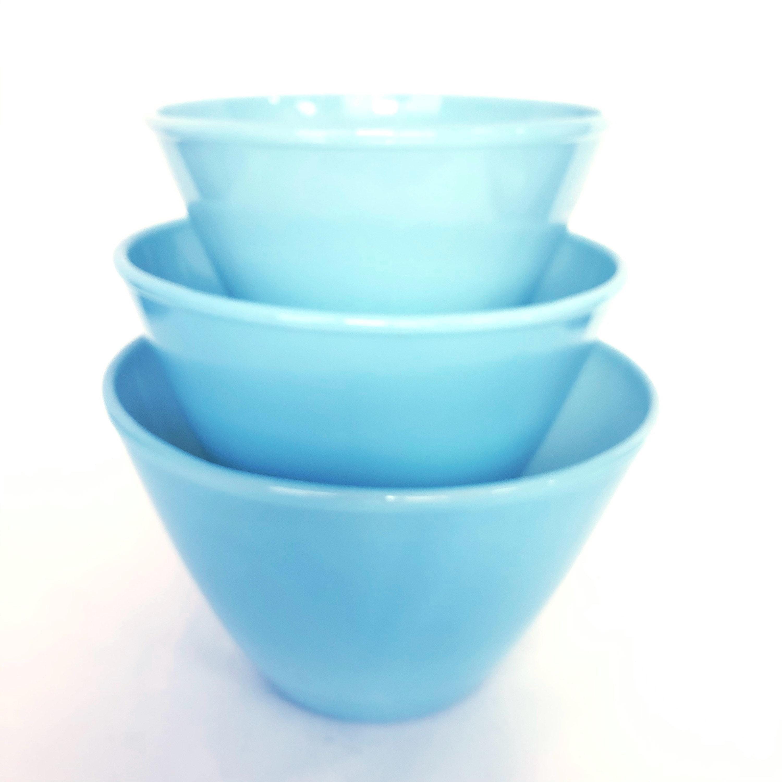 Vintage Fire King Delphite Blue Nesting Bowls – 1940s Splash Proof
