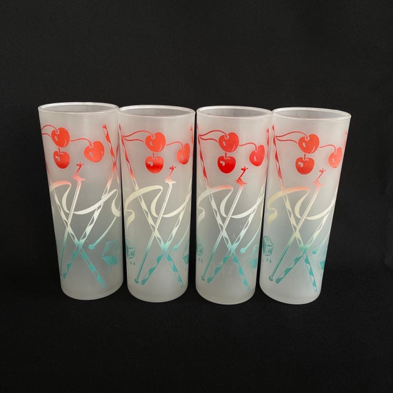 RARE Set of 4 Vintage 16oz Cherry Frosted Tom Collins Glasses