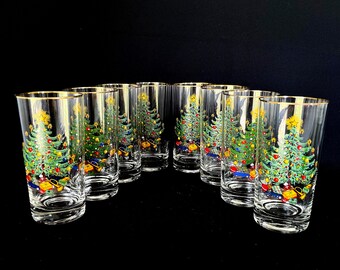 Juego de 8 elegantes vasos altos navideños vintage de 325 ml (11 oz) - Vasos de cóctel - Vasos de agua - Artículos de bar festivos - Navidad