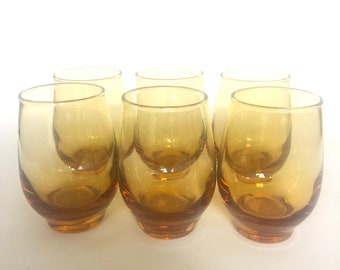 Set of 6 Libbey Golden Amber Tempo 6.5oz Glasses, Vintage Glassware, Yellow, Heavy Bottom, Rounded, Cocktail Set, Mid Century Modern