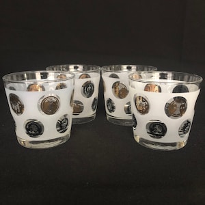 4 Vintage Frosted Coin Motif 9oz Rocks Lowball Cocktail Glasses - Retro Barware - Vintage Barware