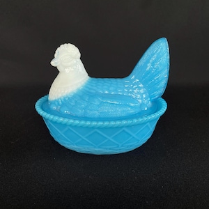 RARE - Vintage Blue Slag Glass Hen on Nest - Covered Dish