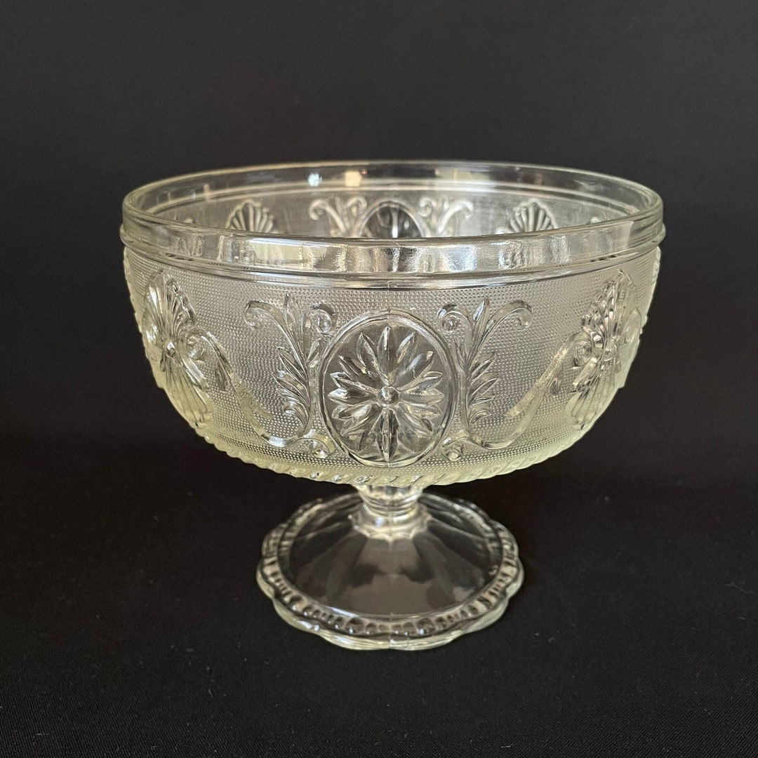 Vintage Pressed Clear Glass Compote Footed Bowl by Indiana Glass Co. Scrolled Floral Medallion