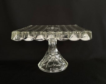 Vintage Clear Indiana Glass 'Constellation' 10" Square Cake Stand with Rum Well - REVIEW FULL DESCRIPTION