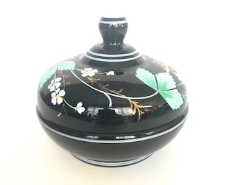 Vintage handbemalte schwarze Glasschale mit Deckel - Blumenandenken