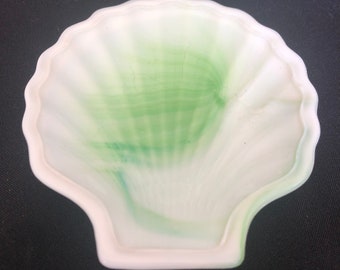 Vintage Akro Agate Glass #246 - Jade Green & Milk Glass Shell Dish