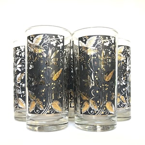 Set of 8 Vintage Libbey Glass 12oz Black & Gold Highball Cocktail Glasses  - Vintage Barware - Retro Barware