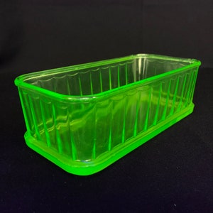 Vintage Pressed Green Vaseline Glass Refrigerator Dish - Uranium Glass Bowl