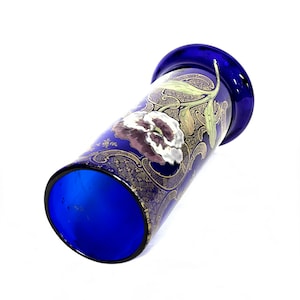 Antique Legras Cobalt Blue Glass Art Nouveau Nancy Vase - Enamel Painted Cobalt Blue Glass  Cylindrical Bouquet Vase