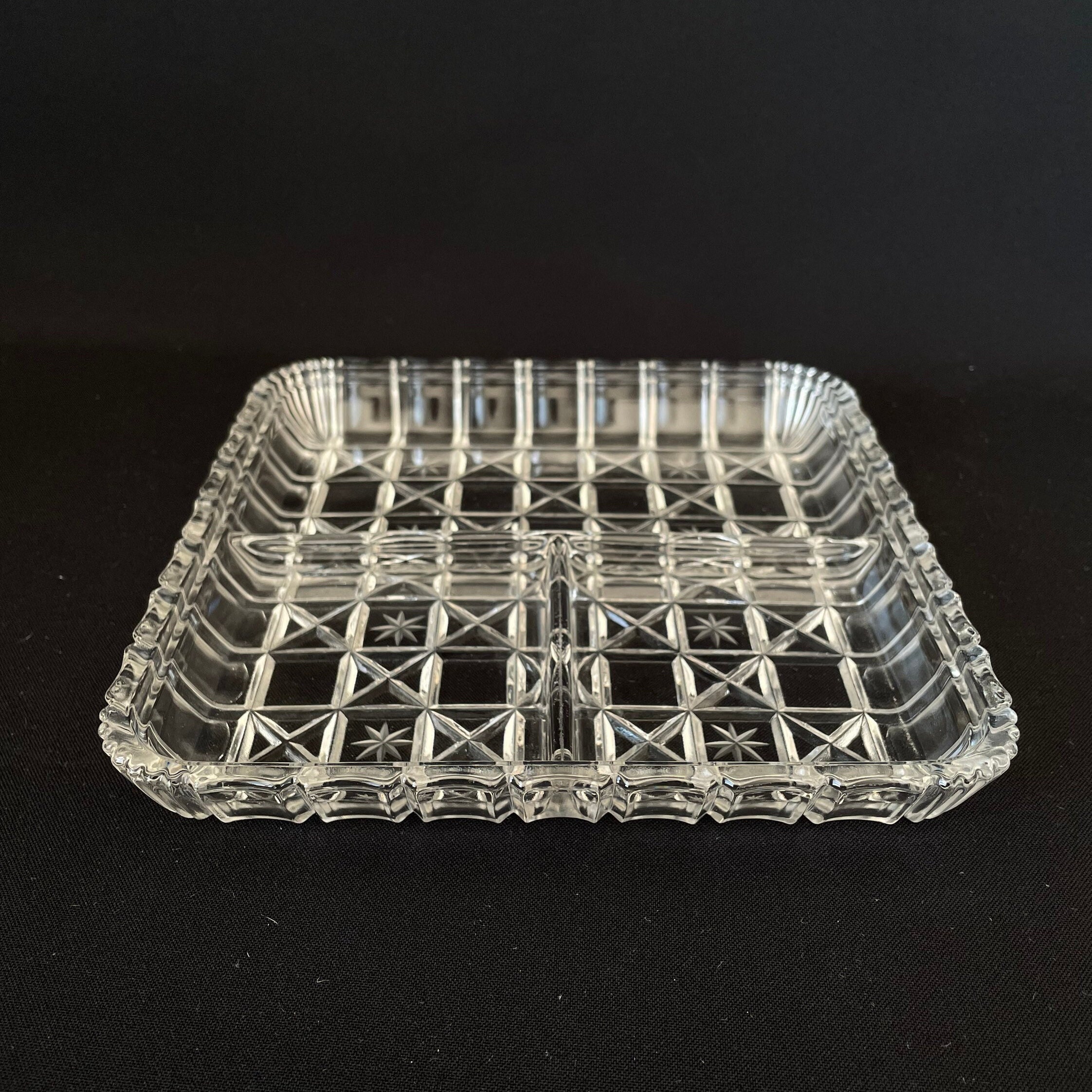 Vintage Star Etched & Cross Cut Clear Glass Square Divided Plate
