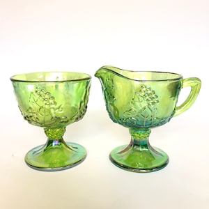 Indiana Glas Ernte Trauben grün Karneval Glas Creme Zucker Set - Indiana Glas - grüne Karneval Glas - grün schillernde Creme Zucker