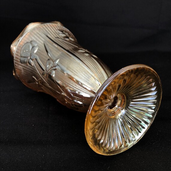 Vintage Peach Lustre Carnival Glass Iris & Herringbone Vase by