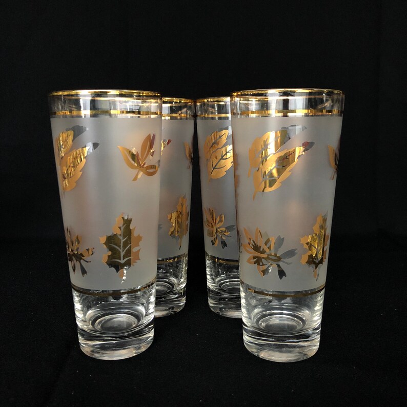 4 Vintage Libbey Glass 22k Gold & Frosted Leaves Pattern 14oz Etsy