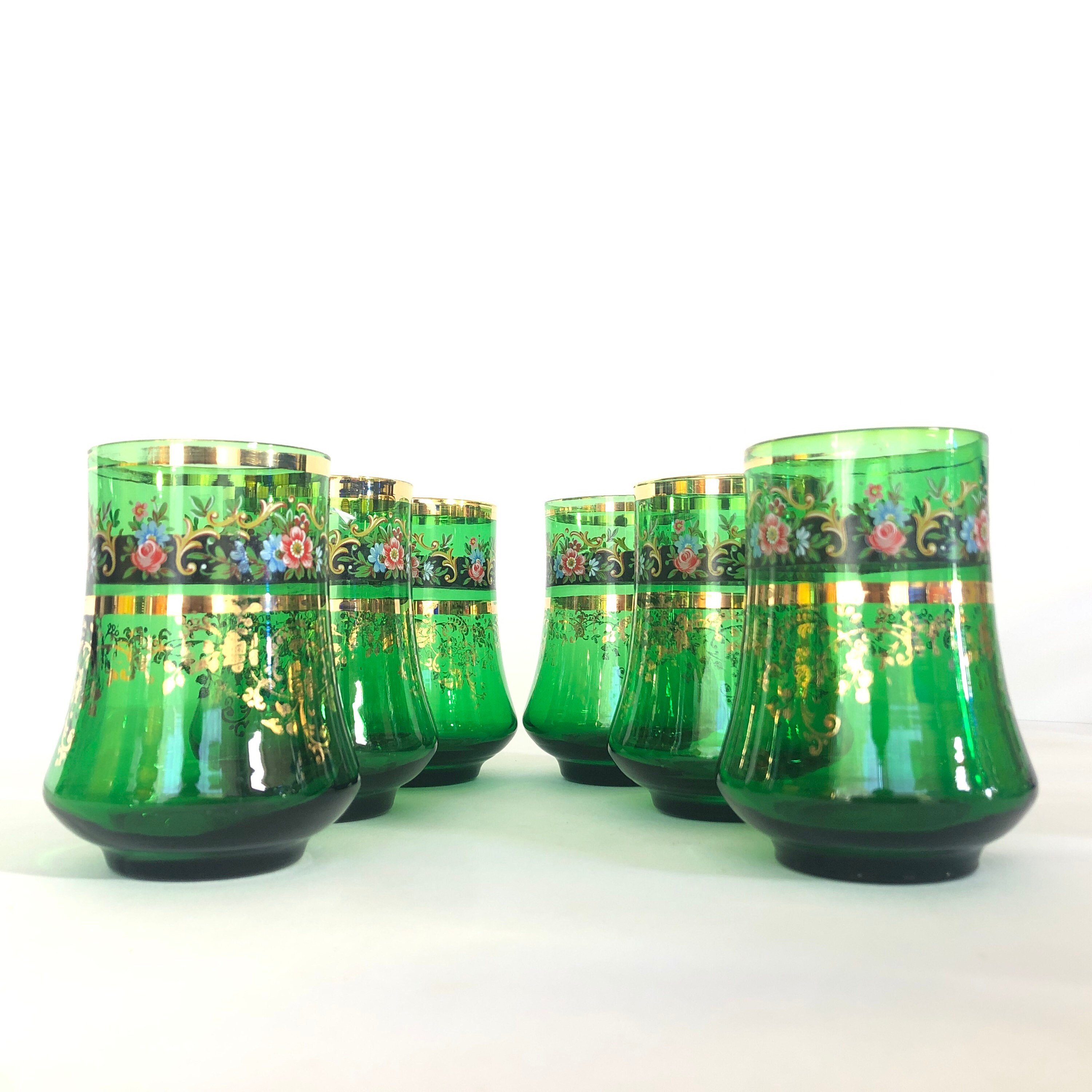 6 Emerald Green 7.5oz Glasses with Gold & Floral Etsy