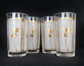 Set van 4 Frosted en Gold Pine Cone Branch 11oz Highball Cocktail glazen - Retro Barware - Vintage Barware