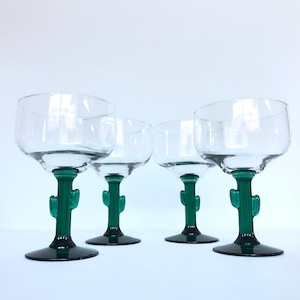 Set of 4 Cactus Stem 14oz Coupe Glasses - Cactus Glass Drinkware - Margarita Glass - Western - Margarita Glass - Retro Barware